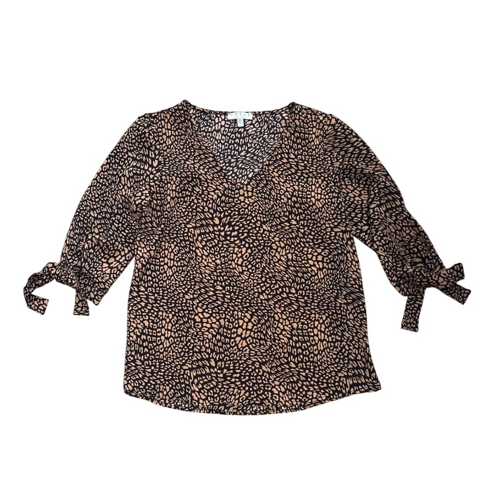 Chaus New York Womens Animal Print V-Neck Blouse Black Tan Tie Sleeve  Medium